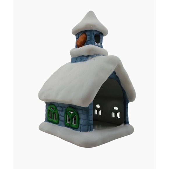 Colonial Candle Holder Winter Blue Ceramic Building Snow Tea Light Votive Holder - Picture 6 of 10